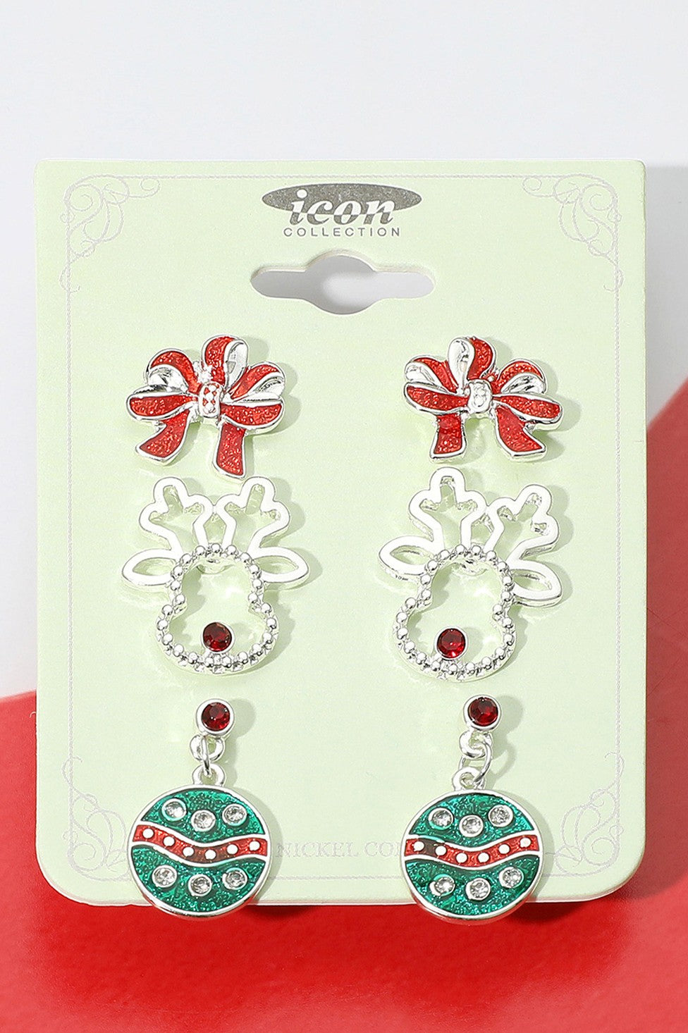 Holiday Earrings Bow, Reindeer, Ornament 3 Pc Set
