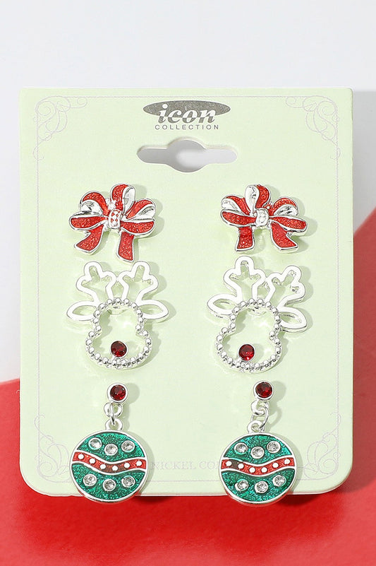 Holiday Earrings Bow, Reindeer, Ornament 3 Pc Set