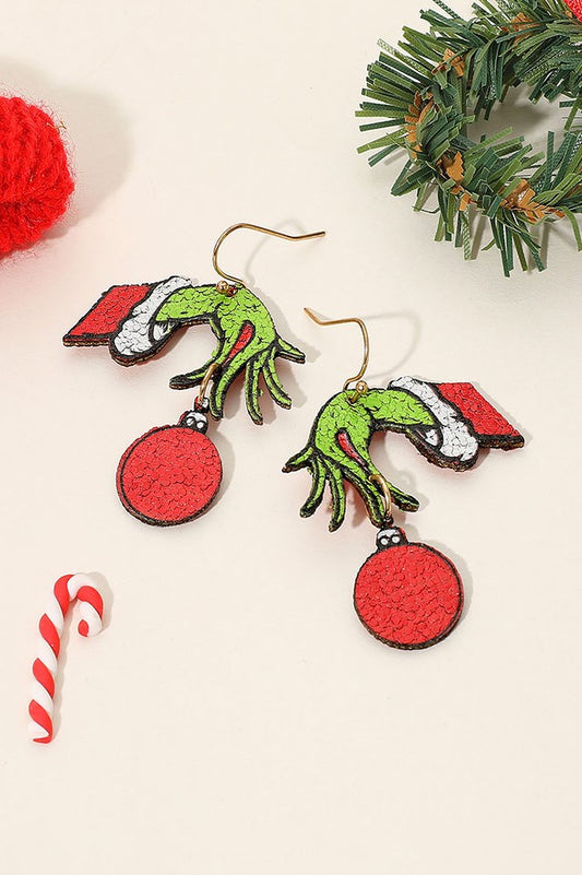 Holiday Grinch Hand Ornament Dangle Earrings