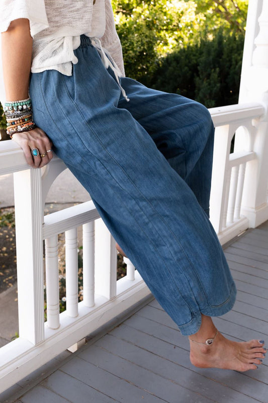 Denim Wide Leg Drawstring Waist Loose Pants