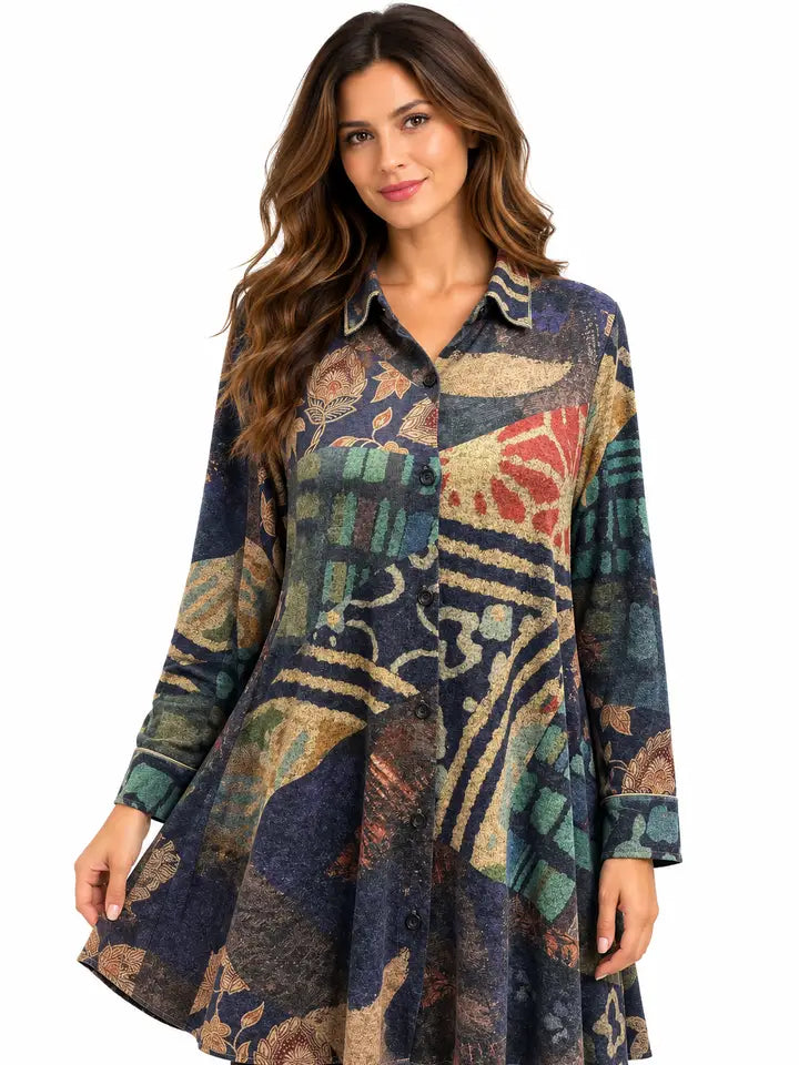Navy Multi Knit Cali Button Tunic Shirt