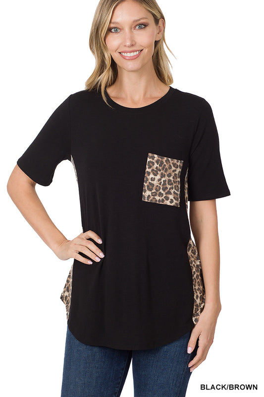 Contrast Side Panel Leopard Pocket Shirt